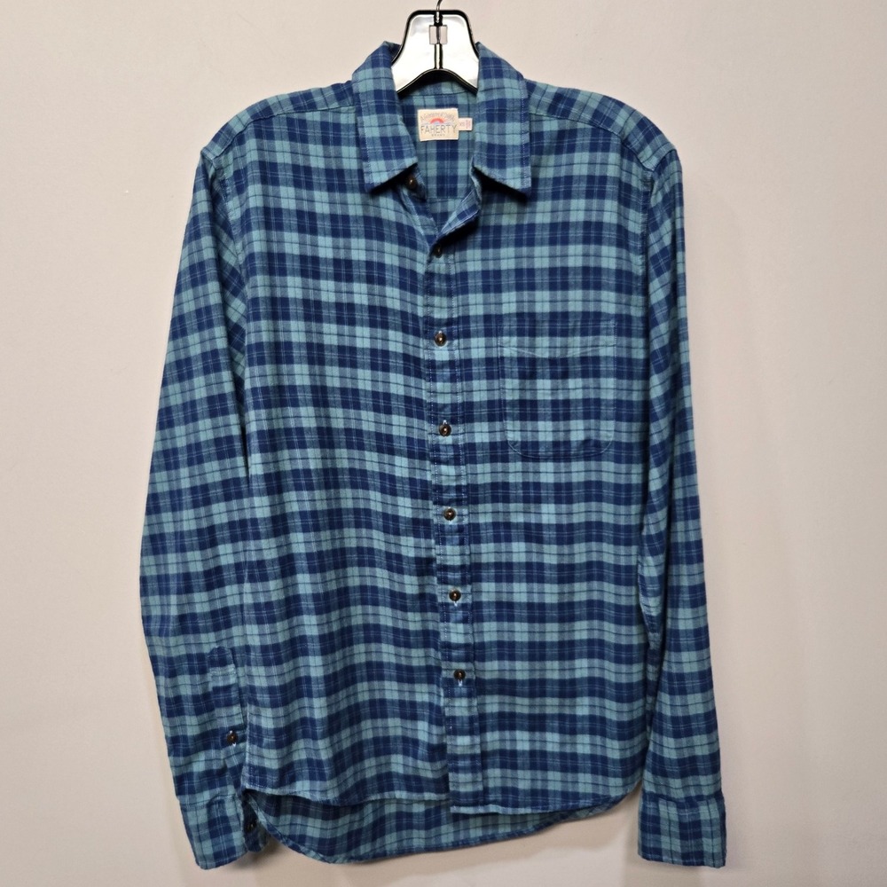 Faherty Button‎ Up Shirt Men X Small Blue Tartan Plaid Fleece Brushed Flannel